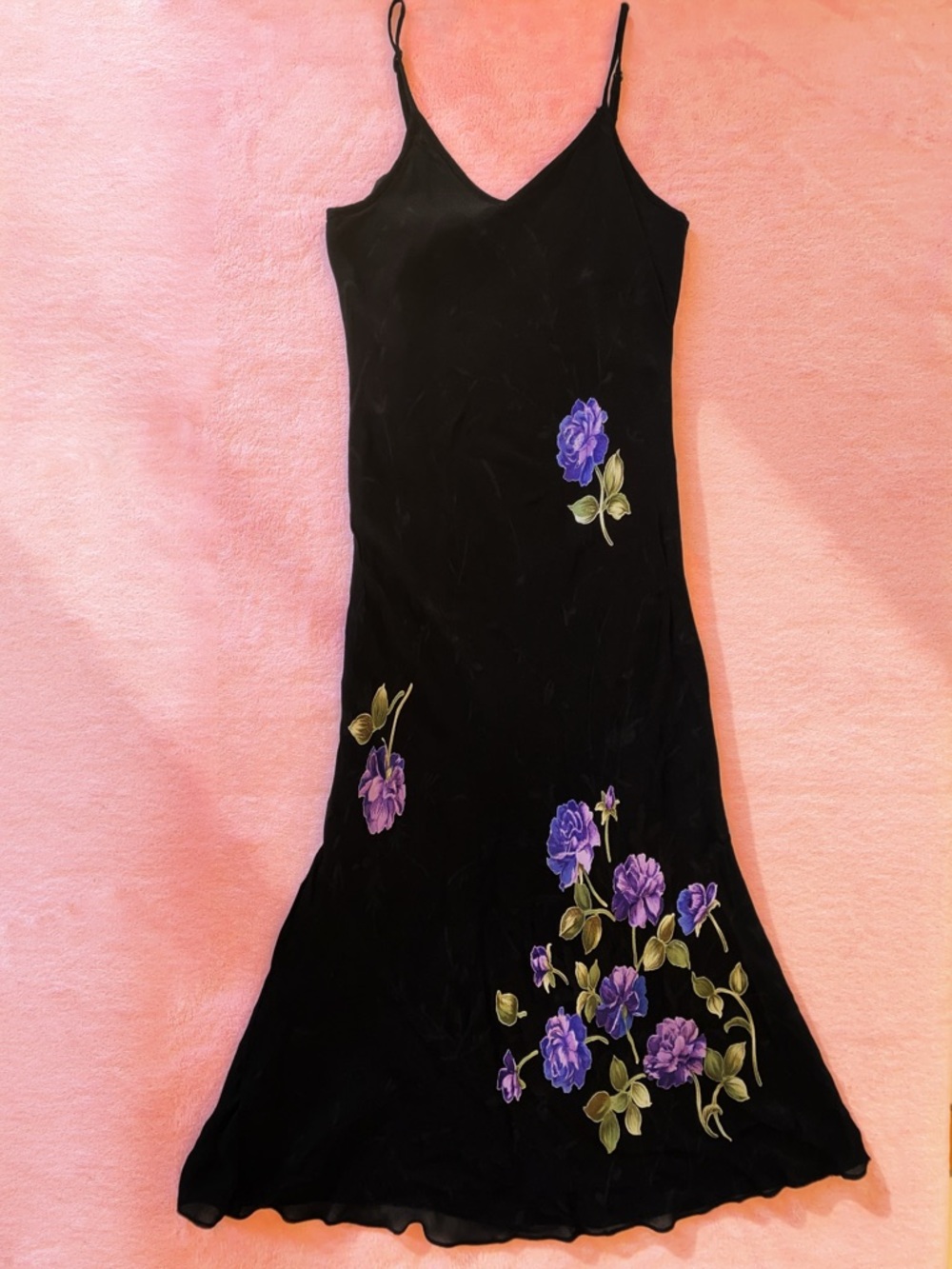 Authentic 1990s Black Floral Dress Purple Lavender Chiffon Y2K Large Festival